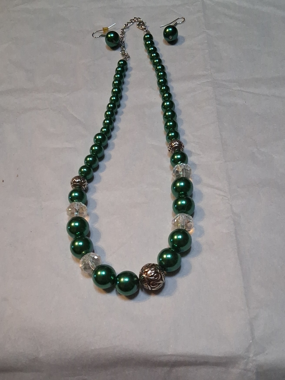 Hand Crafted Shimmering Green Pearl Necklace with Matching Earrings